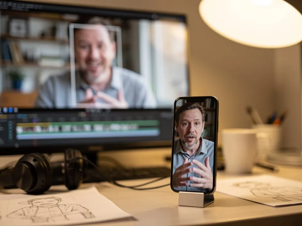 Смартфон с вертикальной версией видео стоит перед монитором с тем же видео в горизонтальном формате на столе монтажёра